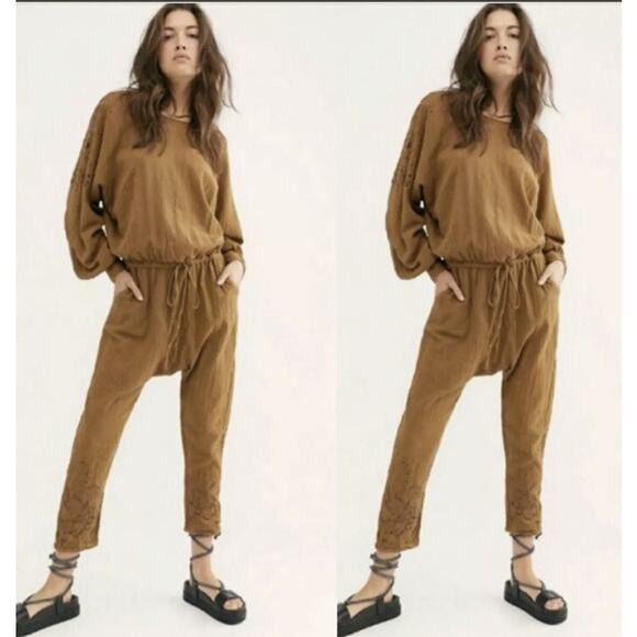 ONE TEASPOON Tobacco Tan Embroidered Lace Cutout Long Sleeve Jumpsuit Size XS - Picture 2 of 12